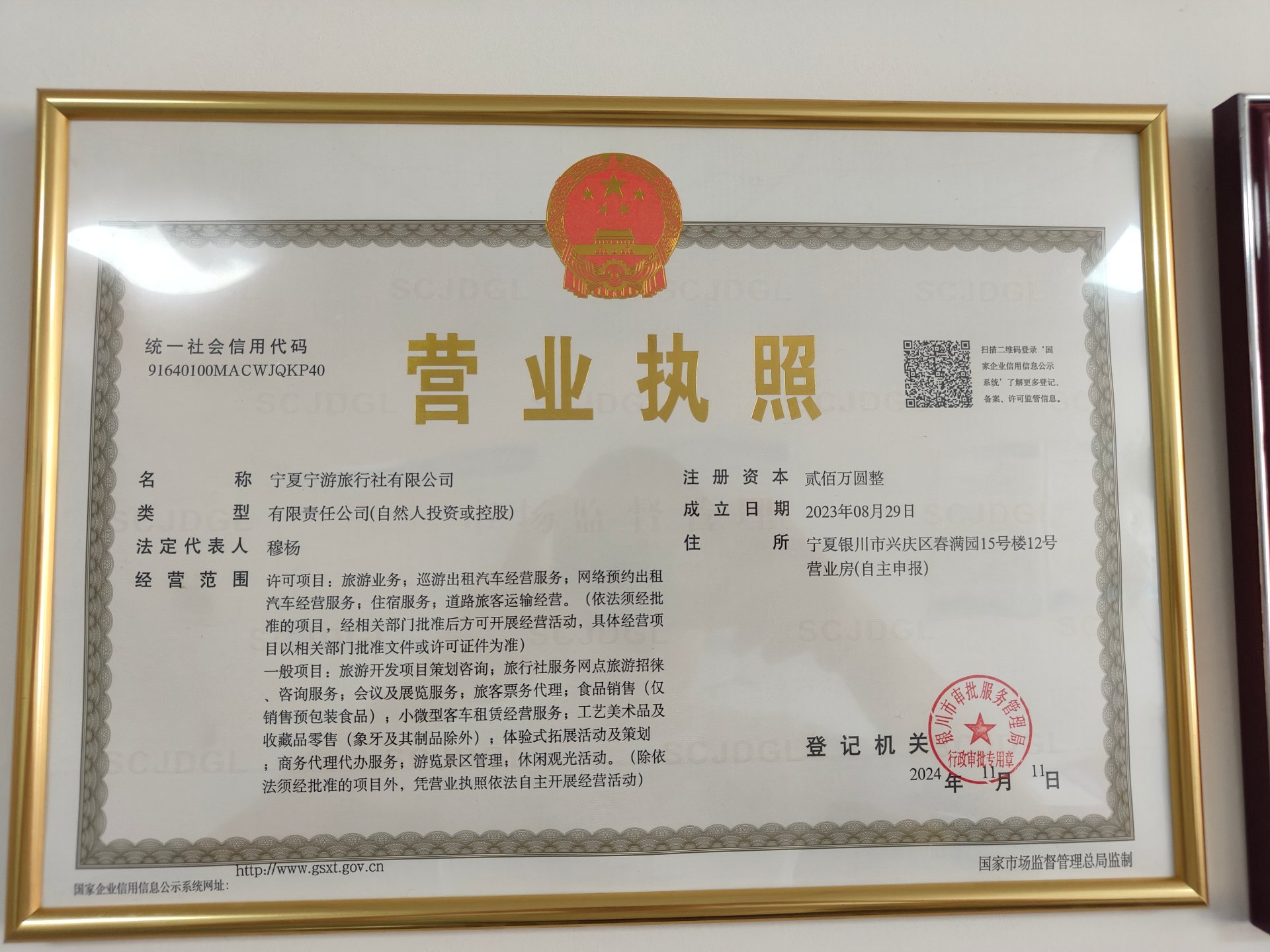 宁夏宁游旅行社有限公司营业执照